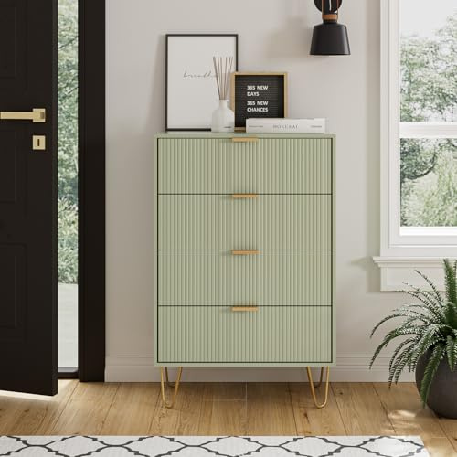 Masupu 4 Drawer Dresser, Drawer Chest, Tall Storage Dresser Chest Cabinet Organizer Unit with Gold Metal Legs, Nightstand for Bedroom, Living Room, Closet, Hallway Green Stripe
