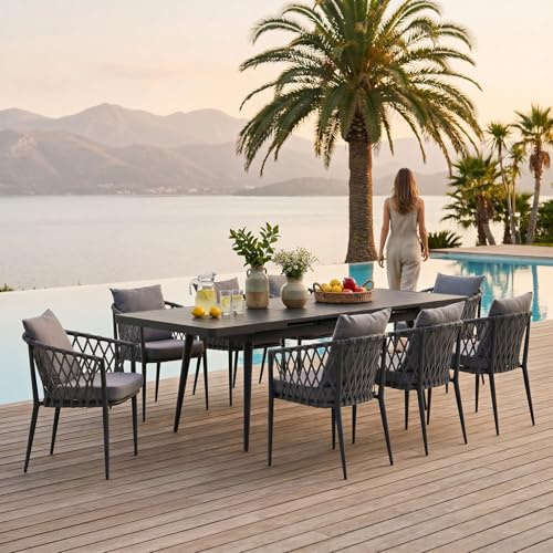 IDIMEX Gartenmöbel Set Sunny mit ausziehbarem Esstisch und 8 Stühlen, Esstisch Gestell aus Alu in schwarz, Seilbespannung der Stühle in grau, Essgruppe inkl. Sitzkissen, Terassenmöbel
