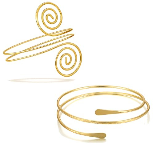 BROCC 2PCS Gold Coil Swirl Upper Arm Bracelet for Women Open Upper Arm Cuff Bangle Armlet Gold Silver Adjustable Armband Bracelet Set