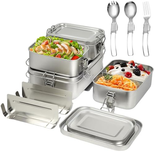 Juego de 4 cajas Bento de acero inoxidable 304 para aperitivos con separador con cierre de clip, 1400/850/550 ml, con cuchara y tenedor, recipiente bento apilable a prueba de fugas