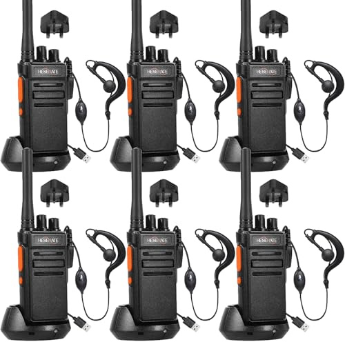 HESENATE HT66 PMR446 Walkie Talkies for Adults, Rechargeable 2 Way Radio | Long Range, USB-C Charging, UK Adapter, 16 Channels, VOX, for School, Construction, Warehouse, Outdoor (Black, 6 Pack)