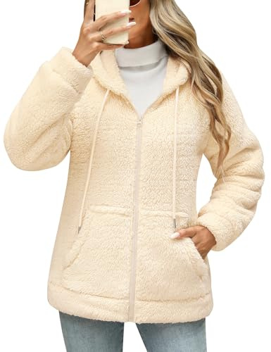 Yuson Girl Veste Polaire Femme Zippé Chaud Teddy Décontracté Sweat a Capuche Sherpa Sweatshirt en Peluche Épaissir Outwear Cardigan Manteau Hiver Peluche Blouson avec Poches(Beige, S)