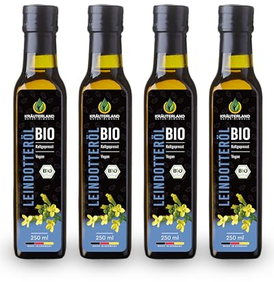Kräuterland Bio Leindotteröl 4x250ml (1 Liter) kaltgepresst & mühlenfrisch | GVO-frei, Rohkostqualität, naturreines Camelina-sativa, glutenfrei, für Salat, Quark, Dips & Pesto, Omega-3 (ALA), Vitamin E