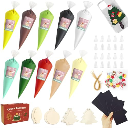 Pegamento de crema batida de Navidad para kit de manualidades, 10 piezas de glaseado falso para funda de teléfono, incluye puntas de tubería, imanes de refrigerador y adornos de árbol de Navidad