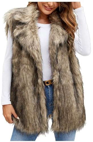 Gefomuofe - Chaqueta larga de mujer, de piel sintética elegante, cálida, de pelo sintético, de un solo color, chaqueta de piel sin mangas, chaqueta de pelo, abrigo de piel, chaqueta térmica, chaqueta