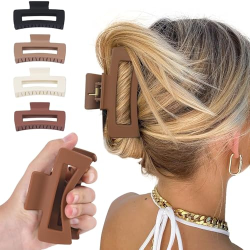 UCLEVER Lot de 4 grandes pinces à cheveux pour femme - 10,5 cm - Dents en plastique souple - Antidérapantes - Avec une forte tenue - Pour femme - Pour cheveux épais et fins (noir, blanc, kaki, marron)