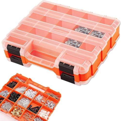 LNSYSNS Boîte de Rangement Vis 34 Compartiments, 32 x 27 x 8 cm, Orange, Double Face Organisateur de Visserie avec Séparateurs Amovibles, Couvercle Transparent – pour Atelier, Garage, Bricolage