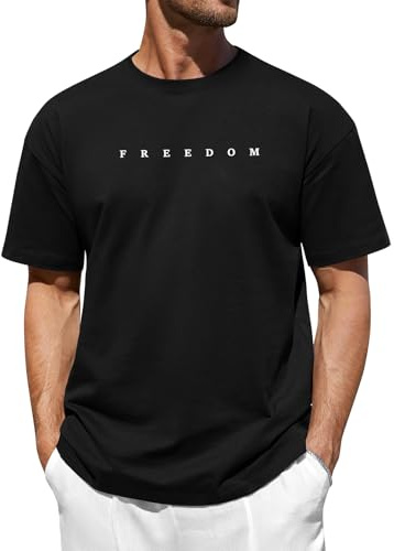 Xnova Maglietta da Uomo in Cotone con Stampa a Lettere, Casual Magliette a Maniche Corte con Collo Rotondo Relaxed Fit Classic Tee Tops Heavyweight (Freedom-Nero, L)