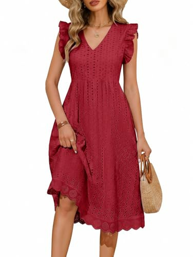 PASUDA Vestito Donna Estivo Abito Lungo Scollo a V Casual Vestiti Senza Maniche a Volant Abiti Lunghi Cotton Comodo Floreale Vuoto Jacquard Vestiti da Spiaggia con Tasche (Bordeaux, XL)