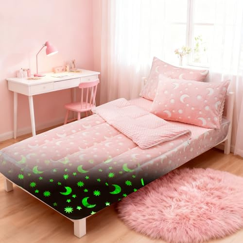 A Nice Night Star Moon Plush Zippered Comforter Set Zipper Bedding Glow in The Dark for Child, Twin,Pink