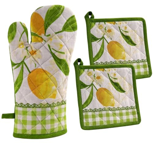 Set Presine da Cucina e Guanto da Forno in Cotone, Guanti da Cucina più 2 Presine con Fantasia Decorativa, Guanto forno 32x18 cm, Presina 20x20 cm