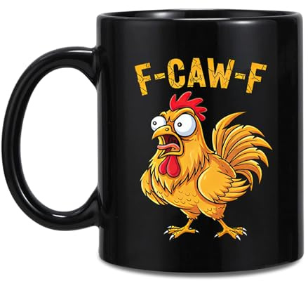 F Caw F Tasse, Lustige Schwarzer Kaffeebecher 325ml, Hahnen Motiv Keramik Kaffeetasse, Doppelseitiger Druck Witzige Tasse für Frühstück, Morgen, Huhn Geschenk für Männer Frauen Kollegen