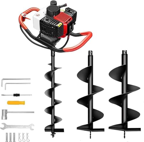 PixCy Perforadora Postes 4 Tiempos, Ahoyadora Manual,199cc 2300W 8500rpm,3 Brocas (100/150/200mm) + Gafas,Jardín/Cercas/Postes de Valla/Excavación Pozos,Taladro Tierra Eficiente 20/25/30cm