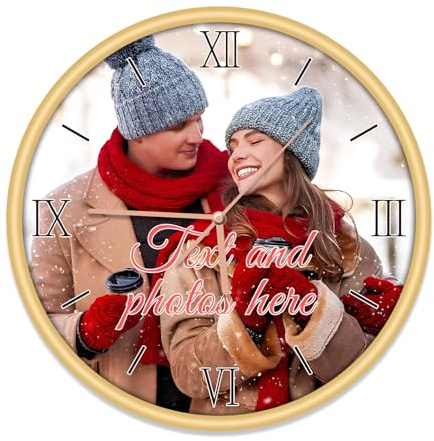 KKHH Personalized Photo Wall Clock – Custom Small Round Clock with Picture, Silent Non-Ticking Wall Décor for Kitchen, Bathroom, Home (Gold)