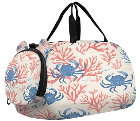 Duffelväska för barn, övernattning, weekendväska, handbagage, gymväska med skofack, sport, skola, blå krabba