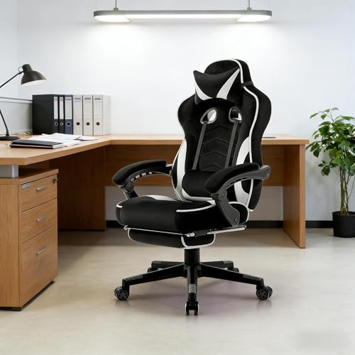 Generisch Sedia da gaming ergonomica da ufficio, regolabile in altezza 90-135°, schienale regolabile, poggiapiedi, cuscino lombare, in ecopelle, portata massima 120 kg, per casa, e-sport, conferenze