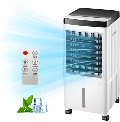 Ventilador de pared con mando a distancia, 10 l - 65 W, con temporizador de 7 h - 65 dB - oscilación a 120°, depósito de agua extraíble - mando a distancia - silencioso, aire acondicionado para