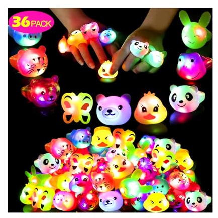 Mikulala 36 Pack Light Up Rings Glow in The Dark Party Supplies, Light up Party Favors, Goodie Bag Stuffers, Birthday Valentines Party Favors Classroom Prizes Cute Animal Treasure Box for Kids