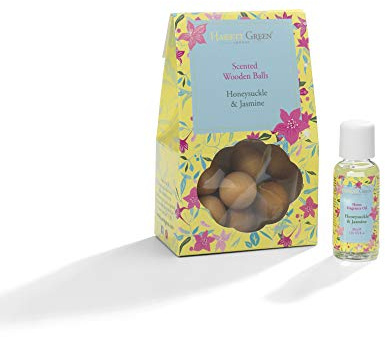 Hassett Green London - Honeysuckle & Jasmine - Scented Wooden Balls Pack of 12 plus 30ml Bottle of Home Fragrance Oil for Refreshing - Alternative to Pot Pourri, Diffusers, Sachets and Drawer Liners