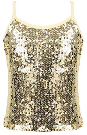 inlzdz Barn flickor glänsande linne linne linne glitter paljetter axelbandstopp undertröja dans topp t-shirt rave party topp performance kostym, Guld, 146-152