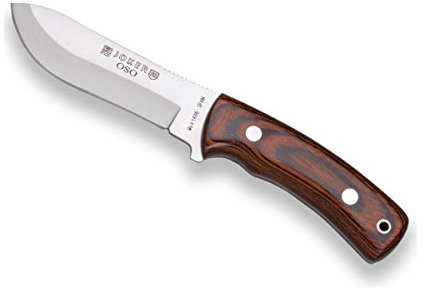 Joker Cuchillo de monte Oso CR54 con cachas en madera roja Estamina y hoja MOVA de 12 cm, Oso, 230 gr, funda de cuero, herramienta de pesca, caza, camping y senderismo