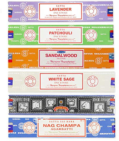 Satya Assortiment de bâtons d'encens Joss de qualité supérieure - Lavande, patchouli, bois de santal, sauge blanche, super Hit et Nag Champa avec bâton d'encens Shakti