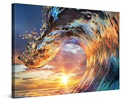 PICANOVA – Bild auf Leinwand Wellen-Sonnenuntergang 120x80cm – Leinwandbild – Premium Leinwanddruck – Wandbild Kunstdruck Auf 2cm Holz-Keilrahmen Wohnzimmer Wanddekoration – Strand