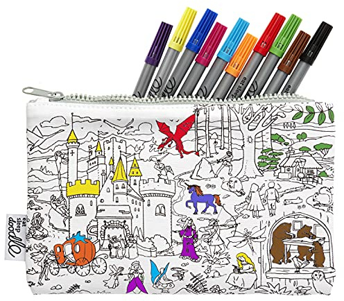 eatsleepdoodle Astuccio Lavabile Fiabe da Colorare, con Unicorni, Draghi, Cavalieri, Principesse, Sirene, Pennarelli per Tessuto Lavabili Inclusi