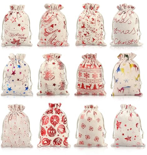 Zayvor Weihnachten Säckchen Jutesäckchen Geschenksäckchen Tüten Jutebeutel Leinensäckchen Baumwollbeutel Geschenktüte Leinenbeutel Weihnachtsbeutel Geschenkanhänger (12+12)