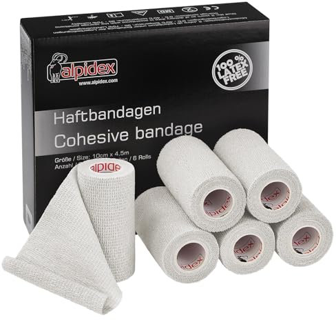 ALPIDEX 6 Rotoli Benda Adesiva 10 cm x 4,5 m Molti Colori Bendaggio Coesivo Fasciatura Personi Animali Garza Elastica Autoadesivo Cavalli Cani Umani, Colore:bianco