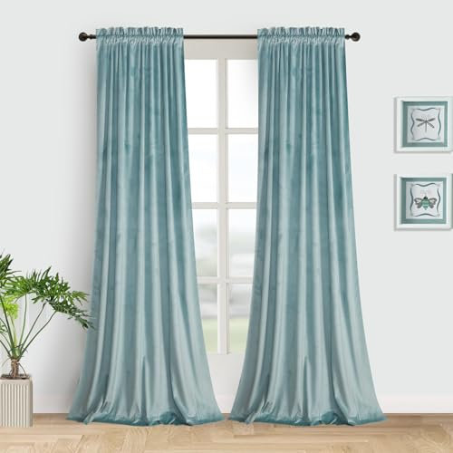 Roslynwood Eggshell Blue Velvet Curtains 243.8 cm – Luxury Decor Blackout Thermal Insulated Sliding Door Curtains with Double Rod Pocket for Living Room, Eggshell Blue, W 52 x L 96, 2 Panels