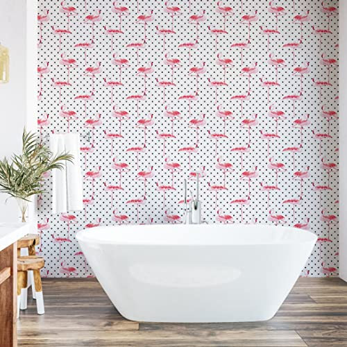 ABAKUHAUS Retro abziehbare & klebbare Tapete für Zuhause, Flamingo Vögel Tupfen, selbstklebendes Wohnzimmer Küchenakzent, 33 cm x 250 cm, Pale Pink Weiß