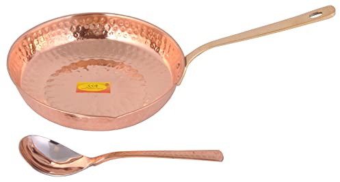 SHIV SHAKTI ARTS Poêle à tadka en cuivre avec cuillère de service | 850 ml | Plats de service pour la maison, l'hôtel, le restaurant, la cuisine, le Diwali, article cadeau 2 pièces