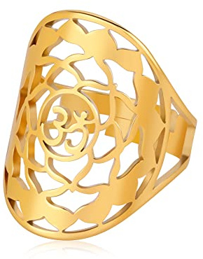 SIPURIS Lotusblüte Om Ohm Aum Symbol Ring Yoga verstellbare offene Ringe Versprechen Ringe Blume des Lebens filigraner Band Fingerring spiritueller Schmuck Geschenke für Damen Herren, Gold, Edelstahl