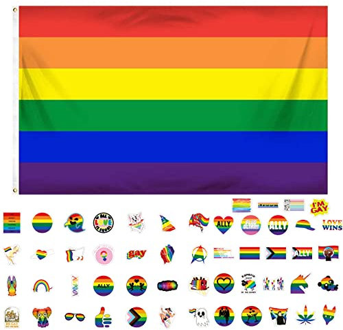 GoldRock LGBTQ Flagge Pride Flag Sticker Set, Regenbogen Flagge 150x90 cm+50 Stück LGBTQ Sticker, Progress Pride Flaggen, Lesbian Gay Flag,Regenbogenfahne, Regenbogenflagge mit 2 Messingösen