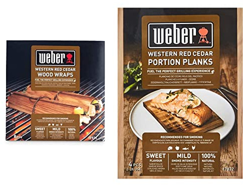 Weber 17521 Wood Wraps aus Zedernholz, 8 Stück, Räuchern, Raucharoma, süß und mild, Braun & 17832 Räucherbretter aus Zedernholz 11x15 cm, 4 Stück, Räuchern, Aroma, Grillen