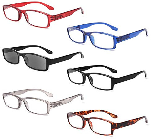 BOSAIL Lesebrille, 6er-Pack, rechteckiger Rahmen mit Federscharnier, inklusive Lesesonnenbrille für Herren und Damen, Outdoor-Lesebrille 2.5