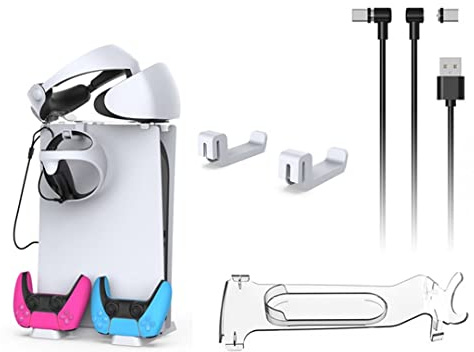 Soporte de Auriculares VR para PSVR2, para PS5 Soporte de Almacenamiento Superior de Host, Colgadores de Auriculares y Juego de Cables de Carga Tipo C