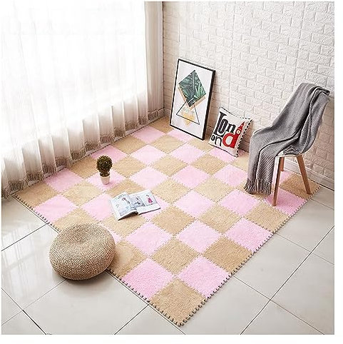12-teilige Ineinandergreifende Bodenmatte Aus Verdicktem Plüschschaum, Flauschige Quadratische Teppichfliesen, rutschfeste Puzzle-Teppich-Spielmatte (12x12)(Color:Kamel+Rosa)