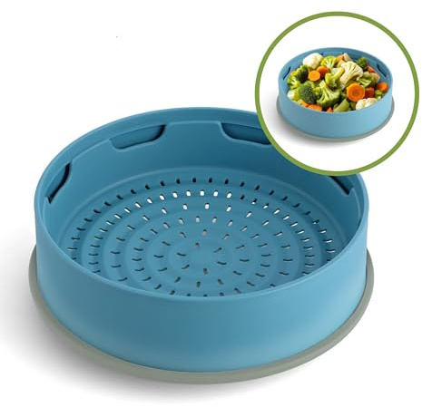 GreenPan Steamy 2-in-1 Dampfkorb und Sieb aus Antihaft-Silikon Ø 24 cm, Ohne PFAS, Stapelbar, Gesunde Küche, Gemüse, Reis, Fleisch, Fisch, Teigtaschen, Spülmaschinenfest, Blau