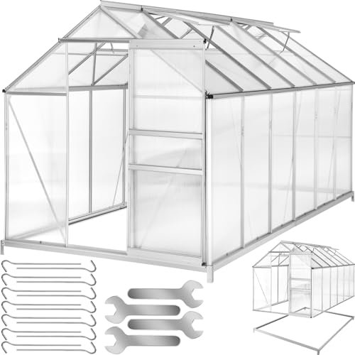 tectake® Garden Greenhouse, Polycarbonate Aluminium Frame with Roof Ventilation Window, Sliding Door, Walk in Greenhouse with Thermal Insulation & UV-Protection, 375x185x195 cm - With Foundation