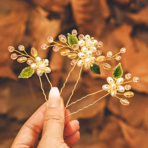 IYOU Perle Mariage Épingles à Cheveux Fleur Or Mariée Accessoires de Cheveux Perles Feuille Invitée Demoiselle D'honneur Pièce de Tête pour Femmes (3 Pièces)