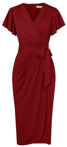 GRACE KARIN Damen Kurzarm Wickelkleid Elegant Plissiert Geburtstagskleid Frauen Basic Cocktailkleid Slim Fit Bleistiftkleid mit Gürtel Weinrot XL