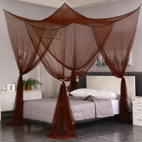 ZIQINPSQ Moskitonetz Doppelbett und Einzel Bett,großes Mückennetz für Bett,feinste Löcher,Quadratische Moskitonetz Reise,Insektenschutz,4 Einträge,einfache Anbringung. (200 x 220 x 210cm, Dunkelbraun)