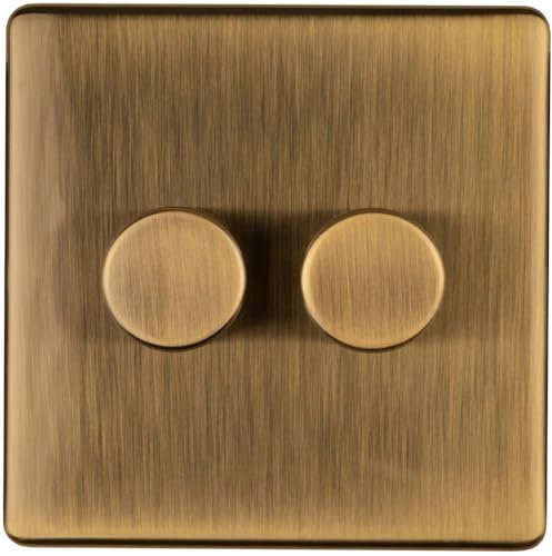 2 Gang Rotary Dimmer Switch 2 Way LED SCREWLESS Antique Brass Light Dimming Wall - Decorative Metal Wall Plate