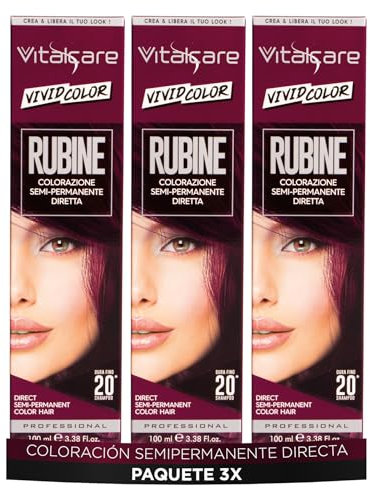 Vitalcare | Vivid, Coloración Semipermanente Profesional, Tinte Color Cabello, Tinte Directo, Dura hasta 20 Lavados, Cabello Suave e Hidratado, Color Rubí, 3 piezas x 100ml