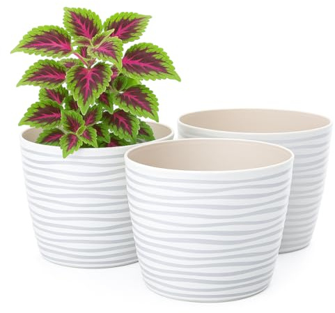 Home Garden Ornaments Vito Blumentopf & Übertopf Kunststoff – 3er Set Ohne Abflussloch Mit Untersetzer, 3D Wellenmuster, Pflanztopf Für Zimmerpflanzen & Balkon (15 cm Weiß)