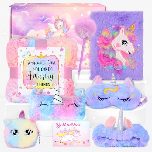 GEEKEO Unicornio Regalo Niña 2-10 Años - Peluche Iluminado Manta Unicornio Diario Niño con Bolígrafo Estuche Antifaz para Dormir Diadema Monedero Niña Unicornios para Regalos Cumpleaños Niños Navidad