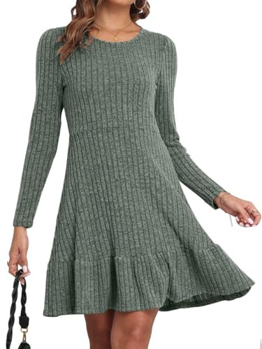 Joligiao Vestidos Mujer Casual Vestidos Mujer Suéter de Punto de Manga Larga Vestido de Suéter de Cuello Redondo Vestido Corto A-Line Casual Túnica Vestidos de Otoño Invierno Verde M