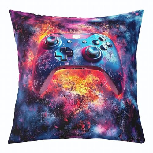 Homewish Teal Ombre Gamer Pillow Cover,Burning Video Games with Fire Throw Pillow Cover for Chairs,Gamepad Controller Cushion Case,Red Blue Gaming Decorative Pillow Cover,16x16 Inch